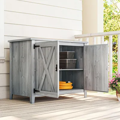 Produktbild von Gartenschrank Tannenholz Scheunendesign, Geräteschrank Flachdach Doppeltür, Outdoor-Holzschrank Hellgrau | 110 x 60 x 88,5 cm | 20,5 kg | abschließbar