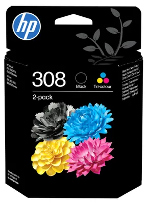 Obrázok produktu pre HP Kombinované 2-balenie čiernej/trojfarebnej originálnej atramentovej kazety 308, Štandardná výťažnosť, Čierna, Azúrová, Purpurová, Žltá, Atrament na báze farby, Atrament na pigmentovej báze, 2 kusov, 160 strany