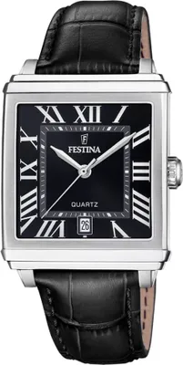 A close-up studio shot of a men's wristwatch with a black dial and leather strap.