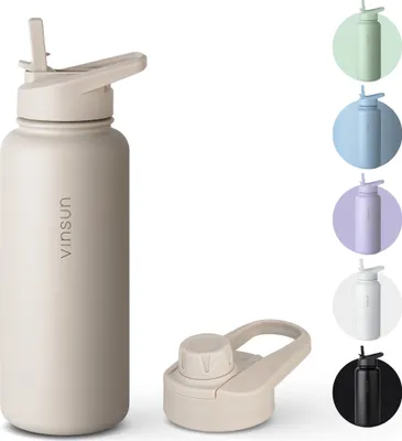 Produktbild von Trinkflasche Edelstahl 1L Thermoflasche Sport Gym Flasche isoliert beige Vinsun