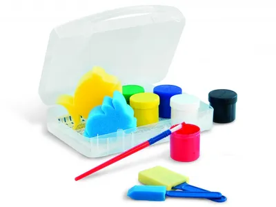 Immagine prodotto di Vernice scolastica in barattolo, 6 colori. Astuccio multiuso, 2 spugne, 3 pennelli di spugna, 1 pennello jumbo, 1 tampone di plastica
