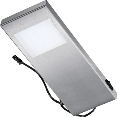 A single under-cabinet LED light fixture with a brushed metal finish and a white diffuser.