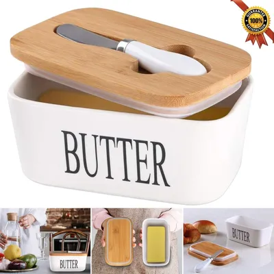 Produktbild von Butterdose , Butterglocke für 600 ml Butter , Butter Dish aus Keramic , Butterschale mit Edlem & Nachhaltigem Holzdeckel , Butterbehälter Weiß