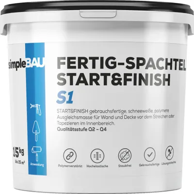 Produktbild von SimpleBau Spachtelmasse Start&Finish gebrauchsfertig zum Reparieren und Glätten von Wänden Perfekte weiße Farbe, 15kg