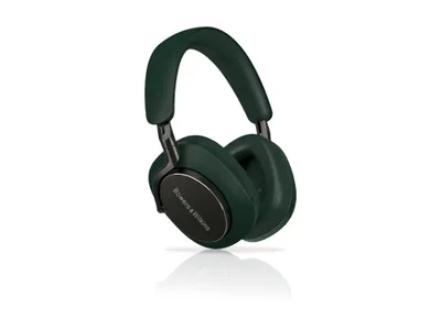 A pair of dark green over-ear headphones is shown against a white background.