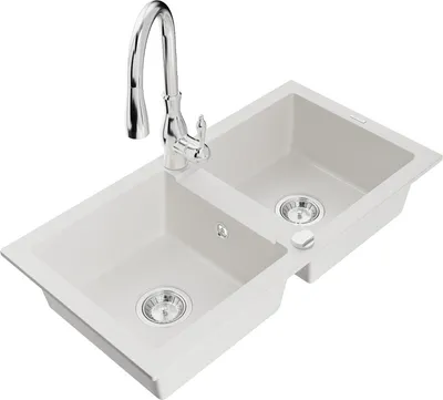 Produktbild von Mexen Mario 2-Becken-Granitspüle mit Mischbatterie Savita, Weiß - 6504-20-672601-00