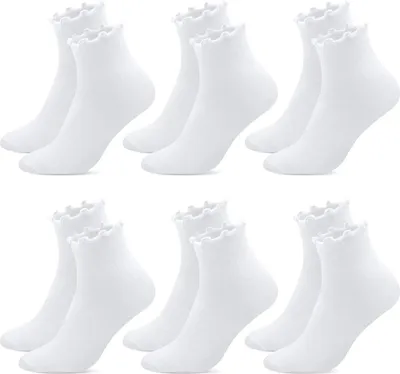 Produktbild von 6 Paar Rüschen Socken Damen Baumwolle Weiß Söckchen mit Rüschen Knöchelsocken Socken Rüschen 35-38 Süße Ruffle Socks Atmungsaktives Rüschensocken für Damen Mädchen Sport Freizeit