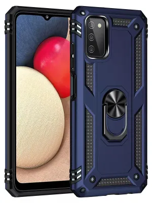 A blue protective phone case with a ring holder is shown next to a smartphone.