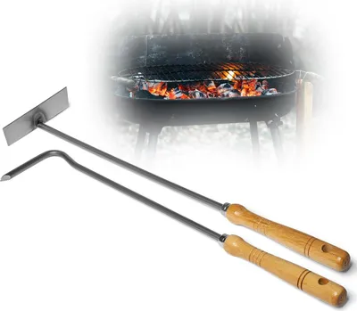 Produktbild von Kaminzubehör Set aus Aschenkratzer Feuerhaken mit Holzgriff Kaminbesteck Schüreisen Schürhaken Glutkratzer (1, Aschenkratzer+Feuerhaken)