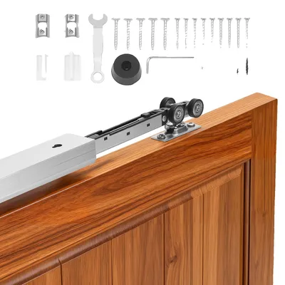 Image de Kit de ferrures pour porte coulissante VEVOR 1441 mm, rail pour porte coulissante avec fermeture douce pour un glissement fluide et silencieux, système de porte coulissante pour portes simples (épaisseur 25-45 mm / largeur 762 mm), alliage d'aluminium