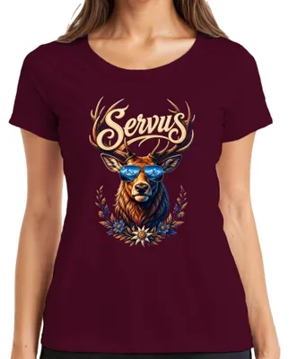 Produktbild von Servus Hirsch Geweih Sonnenbrille Edelweiß Alpen Lederhose Dirndl Damen T-Shirt, Burgundy, 3XL