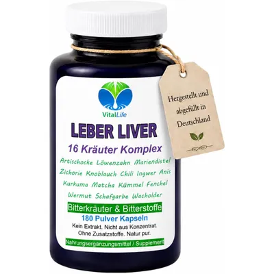 Produktbild von Leber Liver Bitterstoffe & Bitterkräuter Komplex – 180 Pulver Kapseln – 16 Naturkräuter Ohne Zusatzstoffe