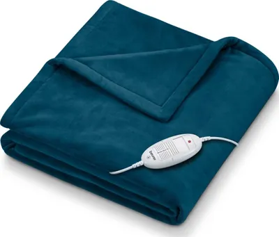 A folded teal electric blanket with a white controller attached.