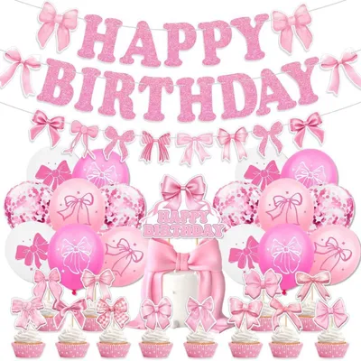 Productafbeelding van Feestdecoratieset, roze, 30-delig, met verjaardagsbanner, taartdecoratie en ballonnen