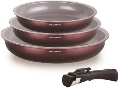 Imagen del producto de Juego de sartenes, de 3 piezas, apto para todas las cocinas, incluyendo inducción, de 20/24/28 cm + 1 mango, de aluminio, con revestimiento cerámico