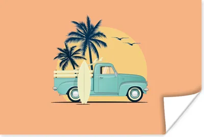 Produktbild von MuchoWow® Poster Bus - Vogel - Palme - Surfbrett 60x40 cm - Schlafzimmerdekoration