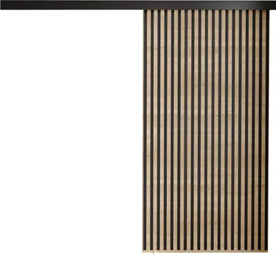 A sliding door with a slatted wood and black design.
