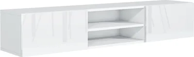 A white, modern TV cabinet with two open shelves in the center and two closed cabinets on the sides, presented against a white background.