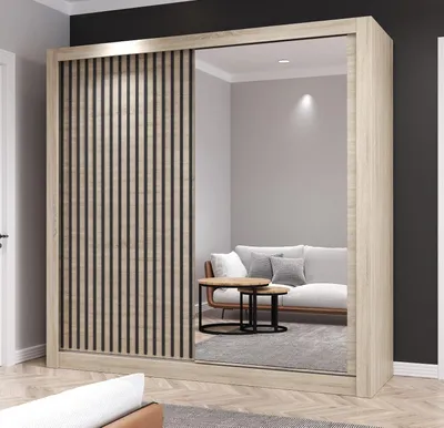 Produktbild von Krudox RAMIS Schiebetürenschrank mit Spiegel 203x216x62 cm, Eiche, 4 Kleiderstangen