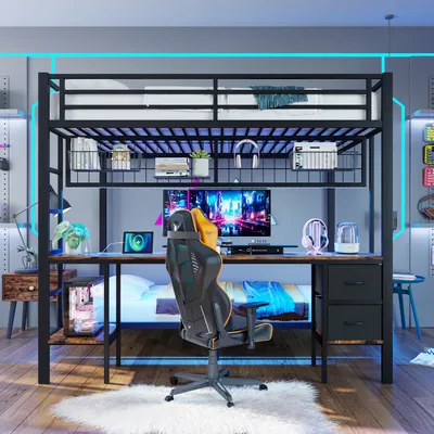 Produktbild von Flieks Etagenbett 90x200cm/140x200cm, Hochbett mit Schreibtisch und Hängeraster, Jugendbett Kinderbett mit LED, Metallbett Stockbett, Schwarz
