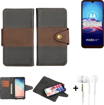 Produktbild von K-S-Trade Handyhülle Schutzhülle Bookstyle Wallet-Case kompatibel mit Motorola E6s + earphones Bumper rundumschutz schwarz-braun 1x