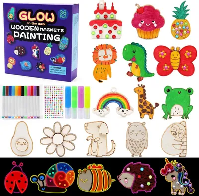 Obrázok produktu pre Drevená kreatívna súprava pre deti, 36-dielna DIY craft súprava, s magnetmi, farbičkami, trblietavým