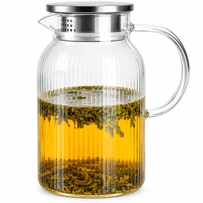 Produktbild von Glaskaraffe 1,5L mit Edelstahl Filter und Relief Wasserkrug Wasserkaraffe Glaskrug