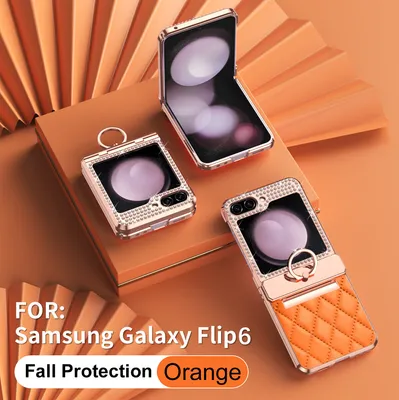 Produktbild von Leder Hülle für Samsung Galaxy Z Flip 6 / Z Flip 7 FE mit Ringhalterung, Luxus Glitzer Bling Überzug Scharnierschutz Handyhülle Orange