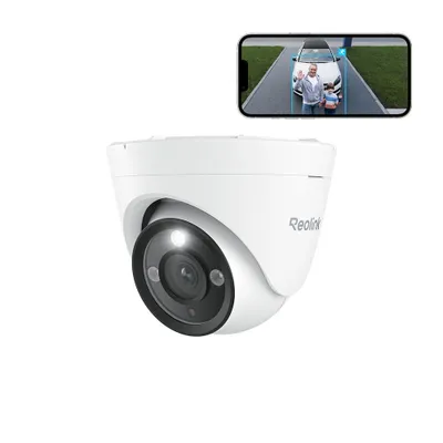 A white Reolink security camera is shown in the foreground, with a smartphone displaying a live feed from the camera in the background.