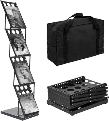 Produktbild von A4-Broschüre, Magazin, Katalog, Informationsmaterial, Broschürenständer, Flyerhalter, Katalogständer, tragbar, aus Metall, schwarz, inkl. Lochdesign mit Tasche, faltbarer Magazinständer (schwarz)