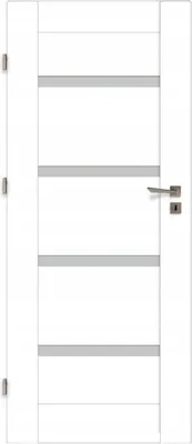 A white interior door with horizontal glass inserts and a silver door handle.