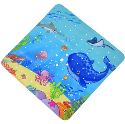 Image de Tapis de douche pour enfants, 53 x 53 cm, bleu, antidérapant, avec ventouses, lavable en machine, en PVC