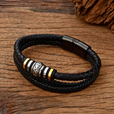 Image de Bracelet en acier noir, Bracelet noir en acier inoxydable, Coco et microfibre durables, Electroplié, pour cadeaux d'affaires, foires commerciales, voyages