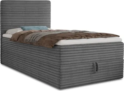 Produktbild von Boxspringbett Mollo Mini mit Bettkasten und Matratzentopper - Einzelbett mit Bonell-Matratze und Topper, Polsterbett in weichem Cordstoff, Bett, Schlafzimmer (Graphit (Tilia 90), 80 x 200 cm)