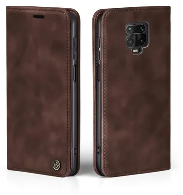 A brown flip cover phone case for a Xiaomi Redmi Note 9 Pro.