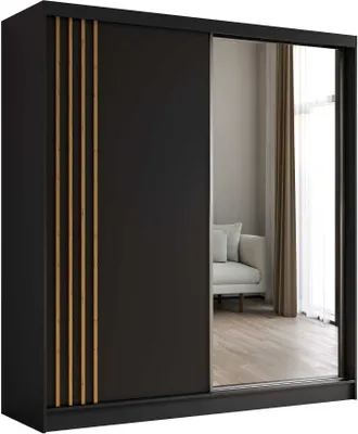 A modern black wardrobe with mirrored doors and wooden accents.
