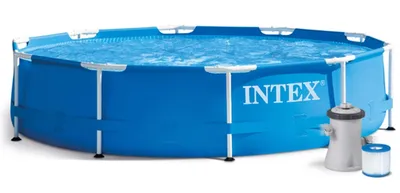 An Intex frame pool with a filter pump and filter cartridge.