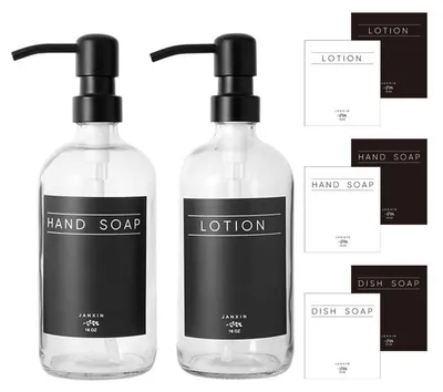 Image de Distributeur de savon en verre avec pompe noire, idéal pour la cuisine et la salle de bain, avec autocollants inclus