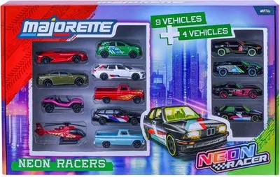 Zdjęcie produktu dla Majorette SL Neon Racer Set 13 Aut Metalowych, 9 Klasycznych, 4 Graffiti Edycja Limitowana, Skala 1/64