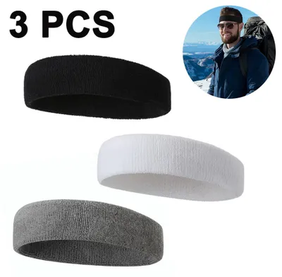 Produktbild von Stirnband Sport 3er Pack aus Baumwolle, Schweißband elastisch für Damen und Herren, feuchtigkeitsableitend, für Laufen, Tennis, Fitnessstudio und Basketball