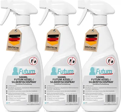 Produktbild von FUTUM 3x500ml Silberfisch-Spray / Assel-Mittel | biozidfrei gegen Silberfische, Kellerasseln Larven & Insekteneier | auf Wasserbasis | Insektenspray