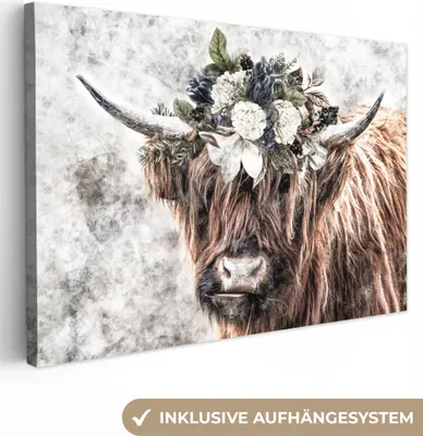 Produktbild von MuchoWow® - Leinwandbilder - Schottischer Highlander - Rauch - Bouquet, Wandbild, Wanddeko Bilder Wohnzimmer, 120x80cm