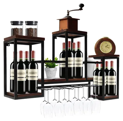 Image de Étagère murale pour bouteilles de vin - Style vintage - Métal et bois - Rangement pour bouteilles de vin - 106 × 20 × 55 cm - Idéale pour salle à manger, restaurant et bar
