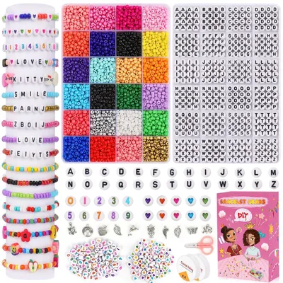Immagine prodotto di Set di perline per creare gioielli, 5800 pezzi, perline in vetro da 4 mm, alfabeto, cuori, numeri, ideali per braccialetti, collane, portachiavi