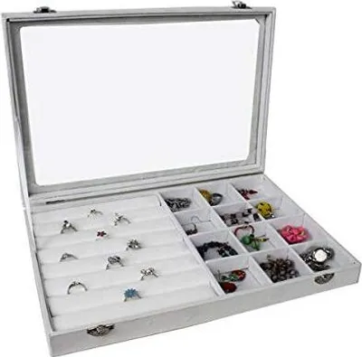 Produktbild von Schmuckkasten Schmucklade Schaukasten Schmuckdisplay Glasdeckel für Ringe mit 12 Fächern weiss