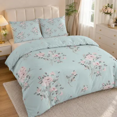 Produktbild von Bettwäsche-Set 140x200 cm Grün Blumig Mikrofaser 3-teilig mit Reißverschluss