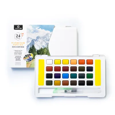Produktbild von Artecho Aquarellfarben Wasserfarben Set – 24 hochpigmentierte feste Farben mit Wassertankpinsel & Schwamm –Für Zuhause oder kreative Reisen geeignet