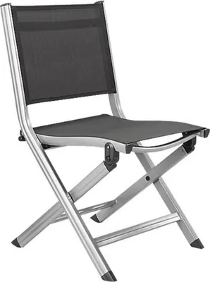 A folding chair with a silver frame and black fabric seat and back.