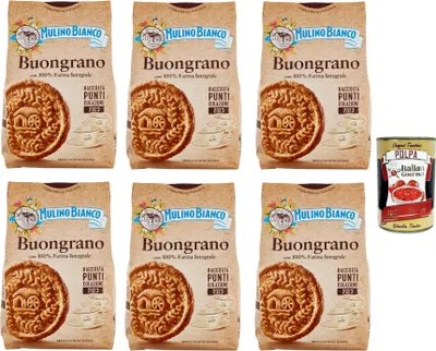 Produktbild von 6x Mulino Bianco Buongrano Kekse mit knusprigem Dinkelvollkorn, 100% Vollkornmehl, 350g + Italian gourmet polpa 400g