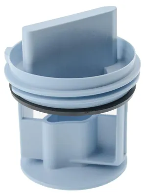 A close-up studio shot of a light blue washing machine filter.